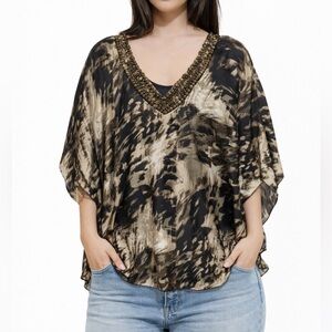 Suzy Shier Animal Print Embellished Kaftan Blouse M